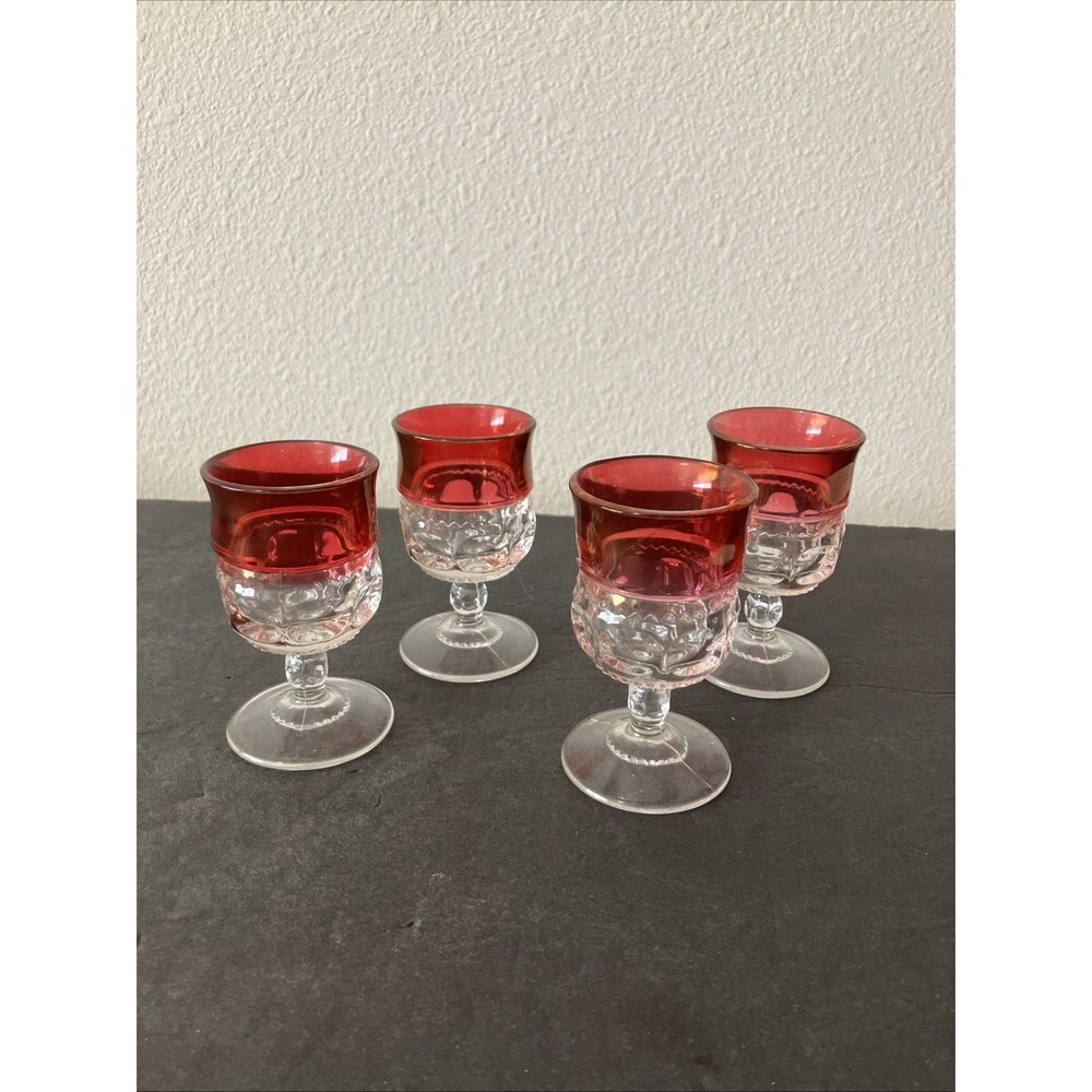4 Cranberry Ruby Flash Kings Crown Thumbprint Glass Cordial Goblets 3-1/2” 3.5”